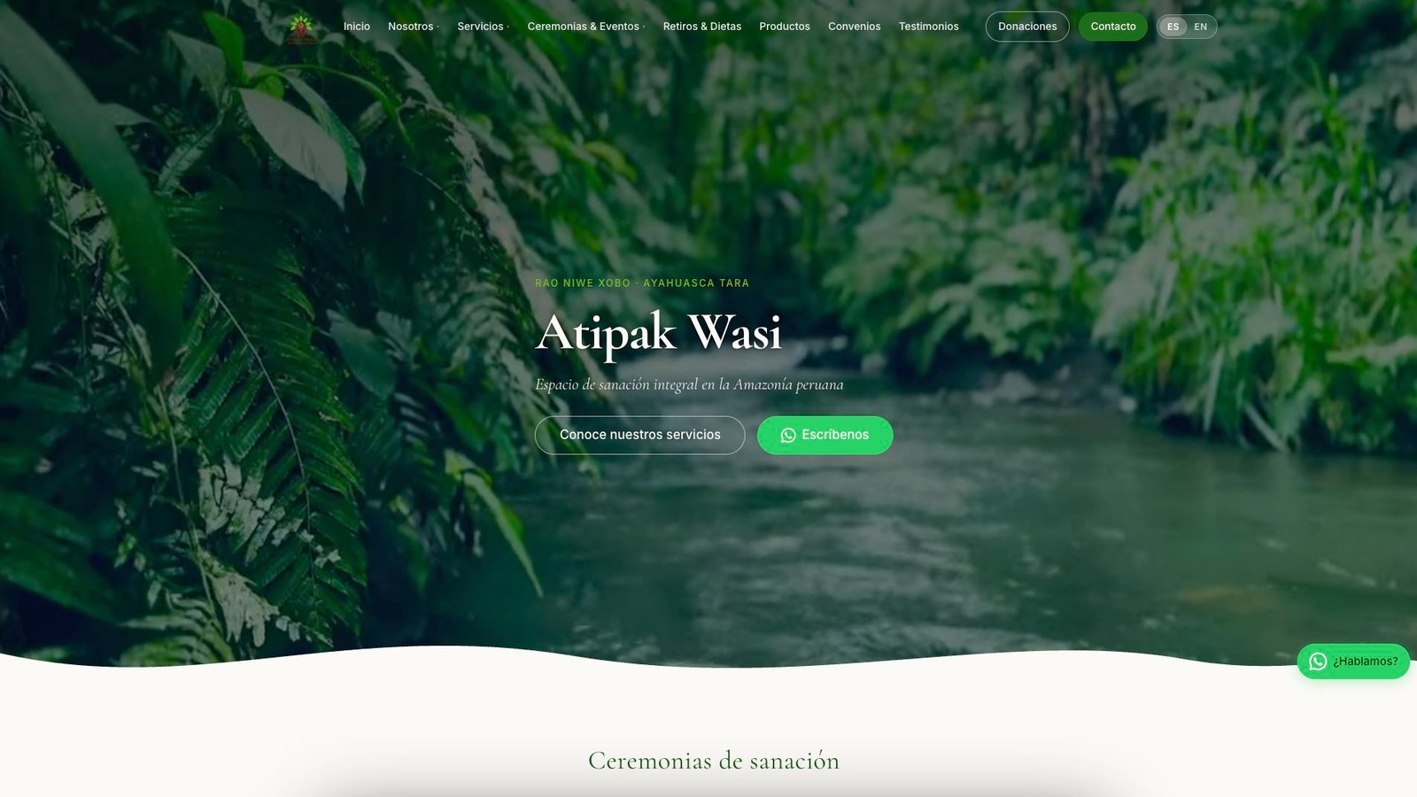 Vista de la web de servicios de Atipak Wasi.